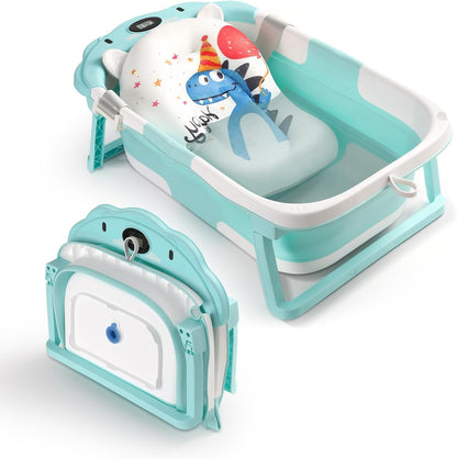 Baby Bathtub with Thermometer & Cushion, Portable Tub for 0-36 Months