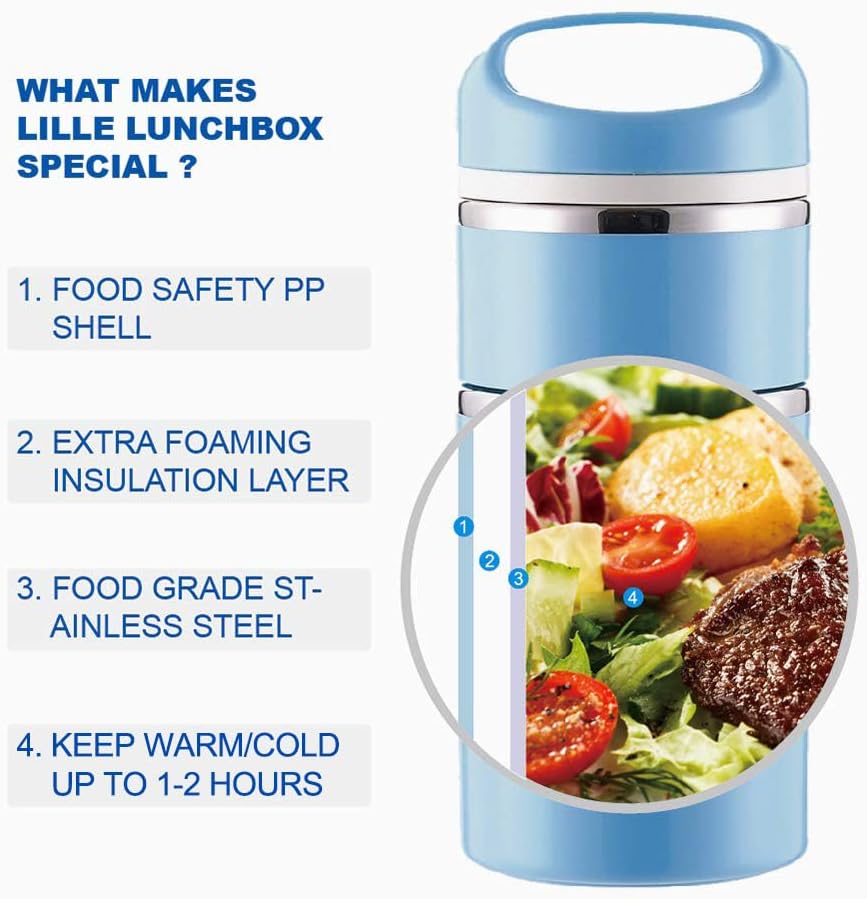 Lille Home Stackable Stainless Steel Thermal Compartment Lunch/Snack Box, 3-Tier Insulated Bento/Food Container with Lunch Bag, Cutlery Set and 3 Extra Seals, 43OZ (Gray) - PuriLite