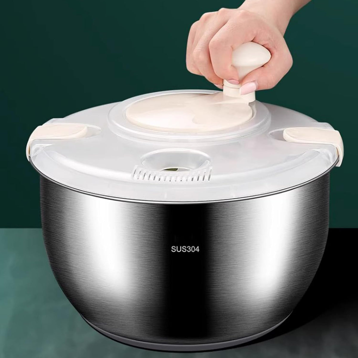 Salad Spinner, Large Stainless Steel Vegetable Washer, 5.3 Qt Plastic Lid for Washing Pasta and Fries, Durable Kitchen Tool - PuriLite