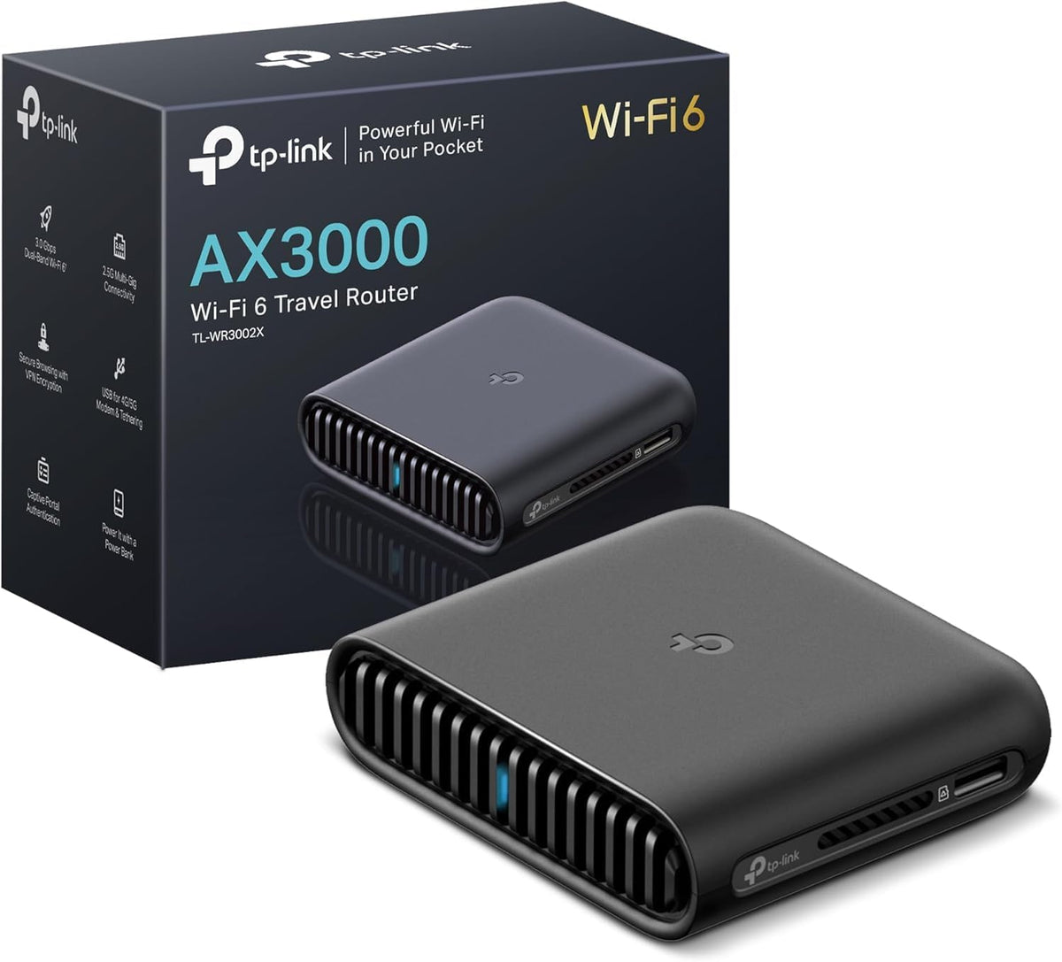 TP-Link Dual-Band WiFi 6 AX3000 Travel Router (TL-WR3002X) – Pocket-Sized, Multi-Gig, OpenVPN, WireGuard, USB 3.0, Phone Tethering, Public WiFi Sharing, Hotel/Cruise Ready, Multi-Mode - PuriLite
