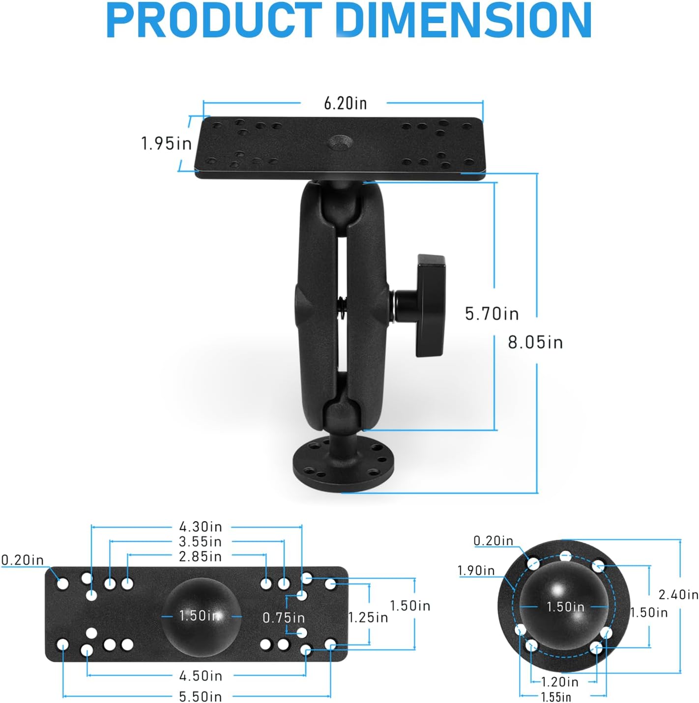 Bzsunway Medium Arm Marine Electronic/Depth Fish Finder Mount with 1.5" / C Size Ball, Medium Arm Marine Electronic/Depth Finder Mount, Suitable for Garmin, Lowrance and Helix 8-10 - PuriLite