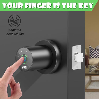FITNATE Fingerprint Door Knob, Smart Biometric Door Lock with App Control, Keyless Entry Door Knob with Bluetooth Digital Code, Touch to Open Knob for Bedroom,Home,Hotel,Office, Black - PuriLite
