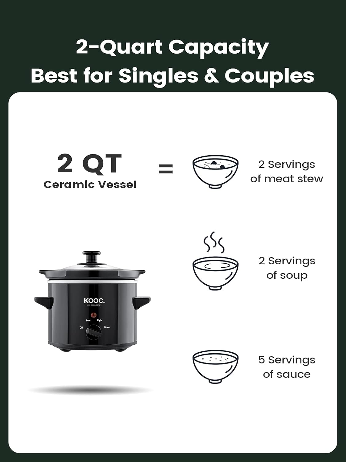 KOOC Small Slow Cooker, 2-Quart, Free Liners Included for Easy Clean-up, Upgraded Ceramic Pot, Adjustable Temp, Nutrient Loss Reduction, Stainless Steel, Black, Round… - PuriLite