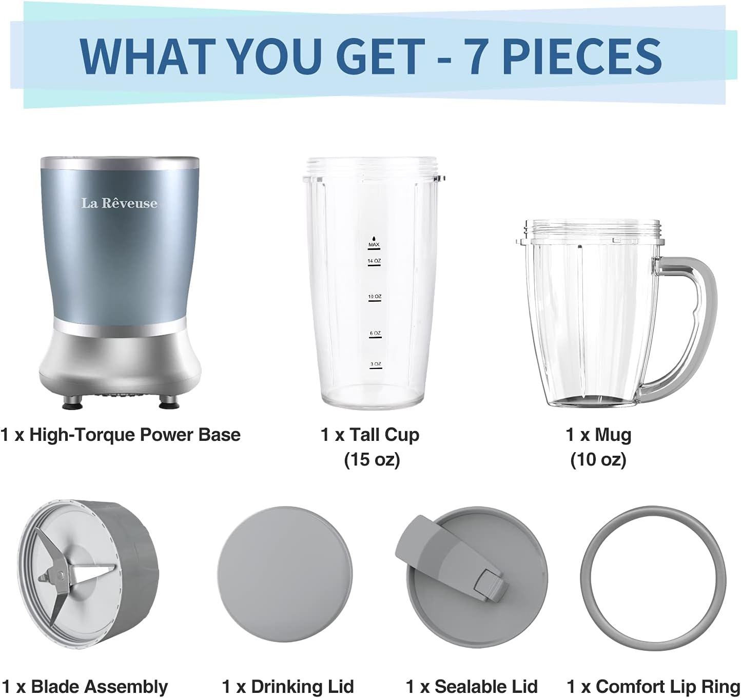 La Reveuse Personal Size Blender 250 Watts Power for Shakes Smoothies Seasonings Sauces with 1 Piece 15 oz Cup,1 Piece 10 oz Mug,BPA Free (Black) - PuriLite