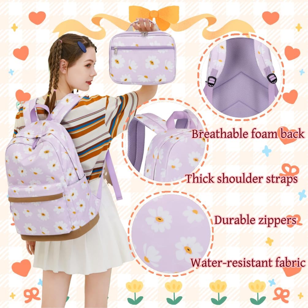 3Pcs Daisy Prints Backpack for Girls Bookbag set Primary School Daypack Elementary Students Knapsack with Lunch Box - PuriLite