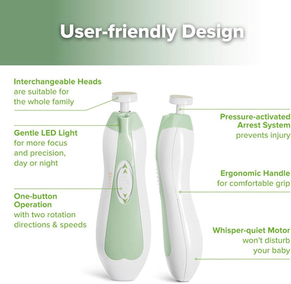 haakaa Baby Nail Trimmer Electric Safe Baby Nail Clippers Baby Nail File Kit Manicure Set, Trim Polish Grooming kit for Newborn Toddler or Adults Toes Fingernails, 6 Grinding Heads and LED Light - PuriLite