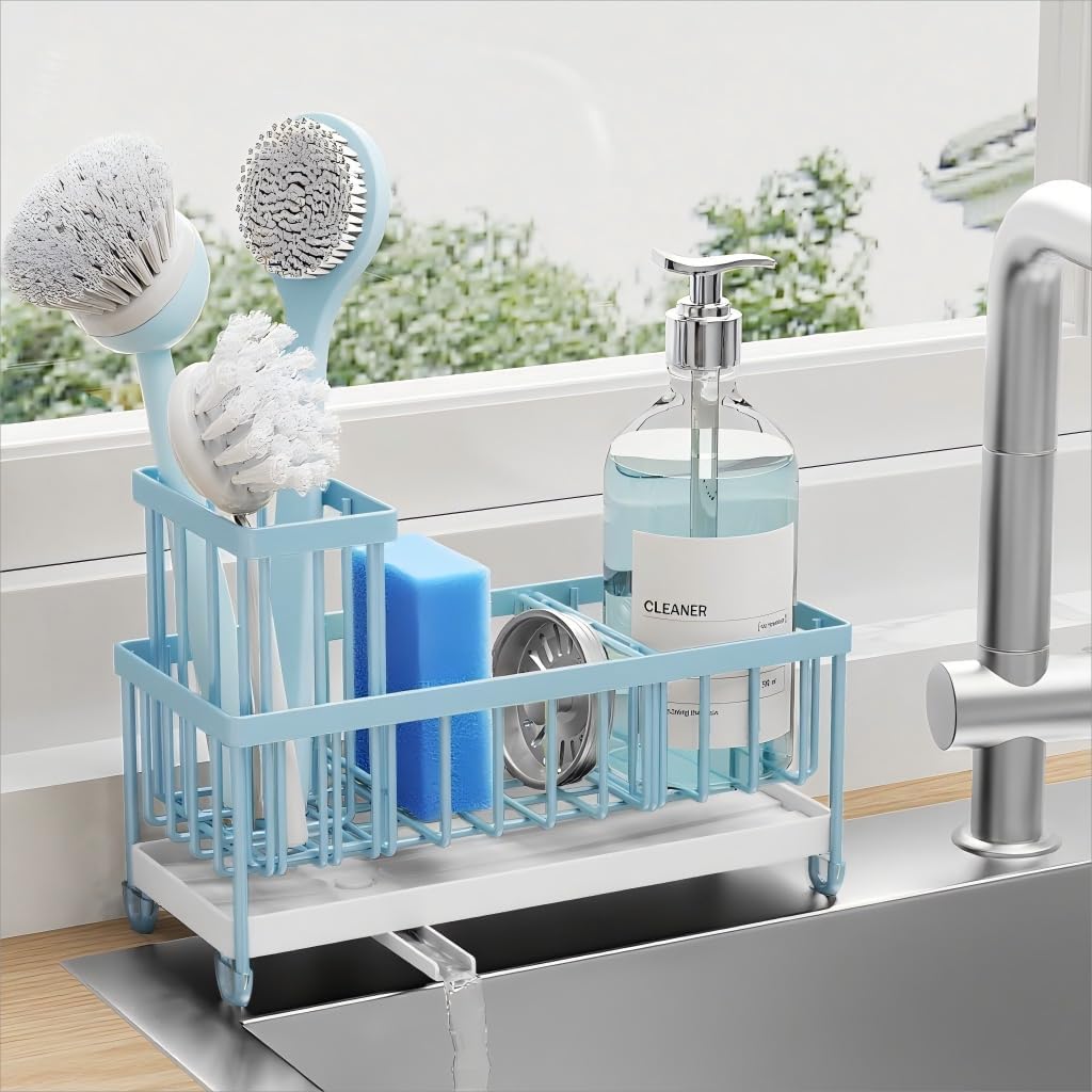 Cisily Sponge Holder for Kitchen Sink, Sink Caddy with High Brush Holder, Organzier Rustproof 304 Stainless Steel Dish Organizer Divider, Soap Dispenser Storage (Black) - PuriLite