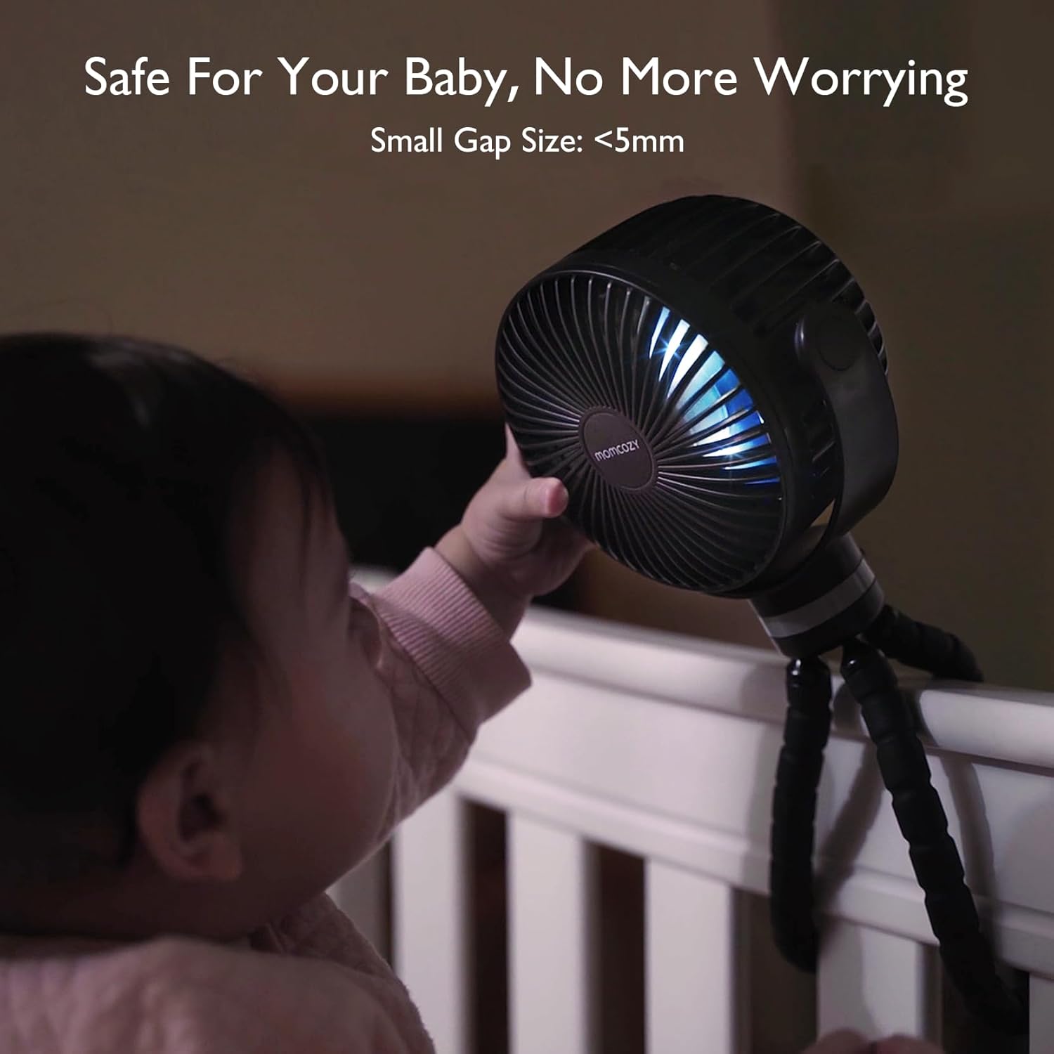 Momcozy Portable Stroller Fan, 27H Ultra-long Battery Life, Detachable 4 Speed 360°Rotate, LED Night Light with 2 Modes, USB Rechargeable and Handheld Cooling Fan for Travel, Car Seat - PuriLite