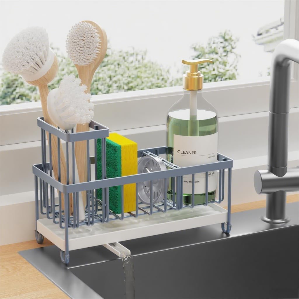 Cisily Sponge Holder for Kitchen Sink, Sink Caddy with High Brush Holder, Organzier Rustproof 304 Stainless Steel Dish Organizer Divider, Soap Dispenser Storage (Black) - PuriLite
