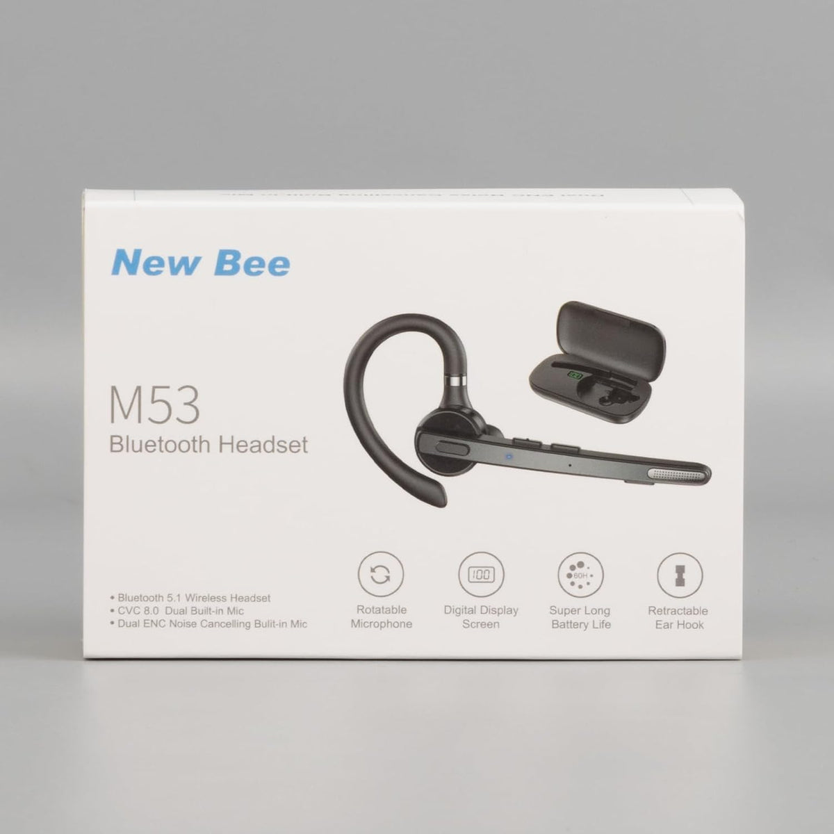 New bee Bluetooth Headset V5.1, 72H Talktime Wireless Bluetooth Earpiece for Cellphone with 500mah Charging Case Dual Mic Noise Cancelling Hands-Free Earphones for Office Driver Calls - PuriLite