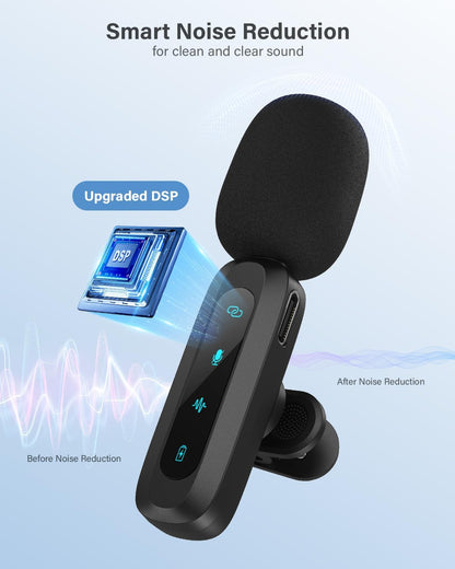 Wireless Lavalier Microphone for iPhone, iPad, Android Phone，2-Pack Mini Microphone with Noise Reduction, Auto Pairing and Mute & Reverb for Vlogging, Video Recording, TikTok, YouTube - Plug & Play - PuriLite