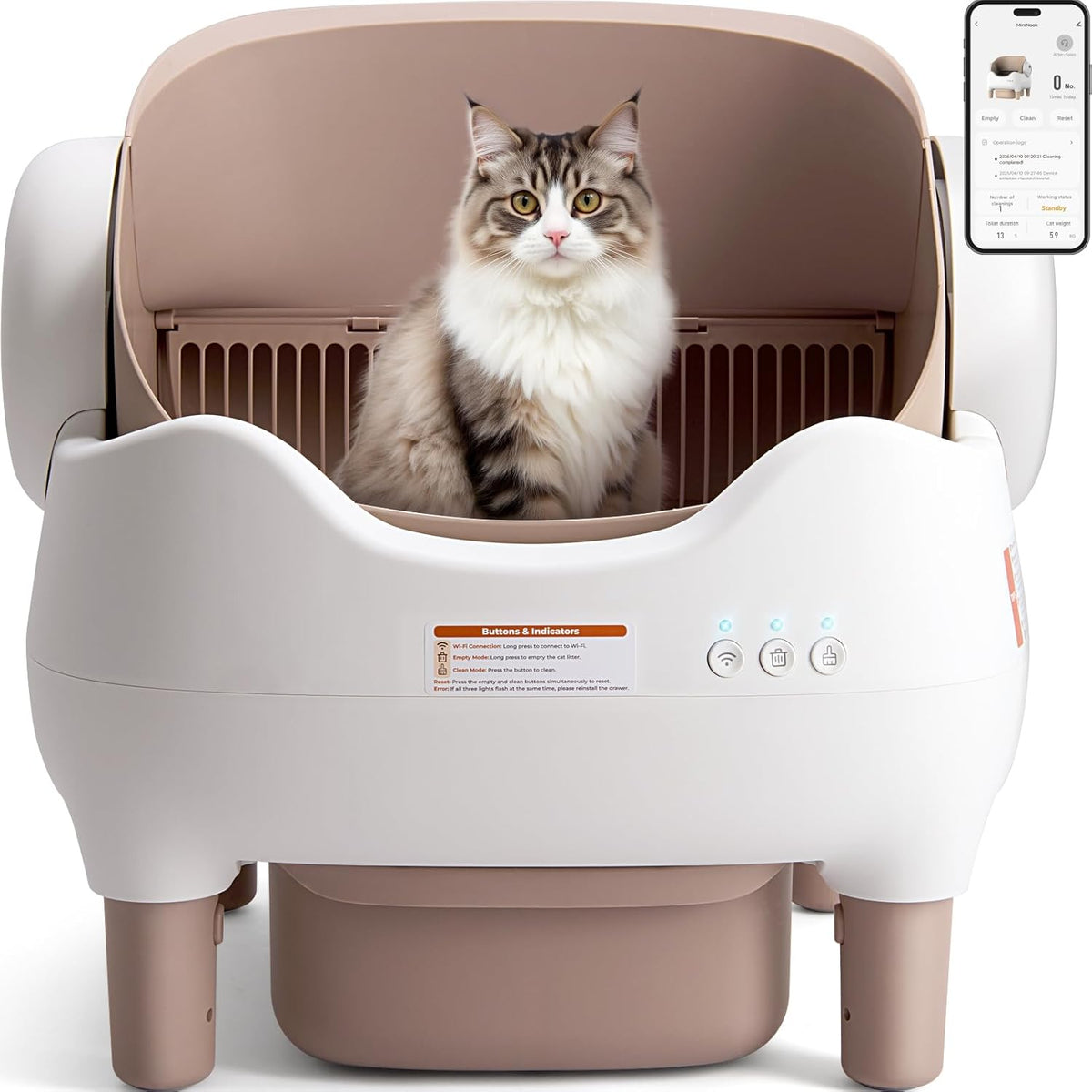 KITPLUS Self Cleaning Litter Box, Automatic Cat Litter Box with APP Control, Odor-Free Waste Disposal Includes Trash Bags, Large Waste Bin, Open-Top, for Multiple Cats - PuriLite