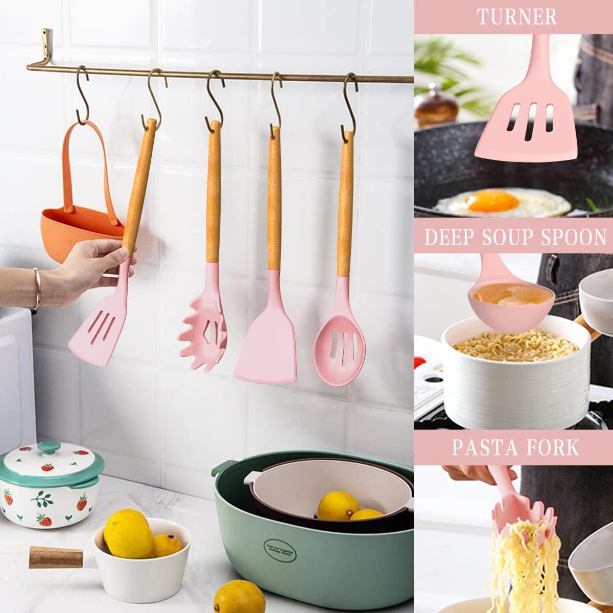 Umite Chef Kitchen Cooking Utensils Set, 33 pcs Non-Stick Silicone Cooking Kitchen Utensils Spatula Set with Holder, Wooden Handle Silicone Kitchen Gadgets Utensil Set (Khaki) - PuriLite