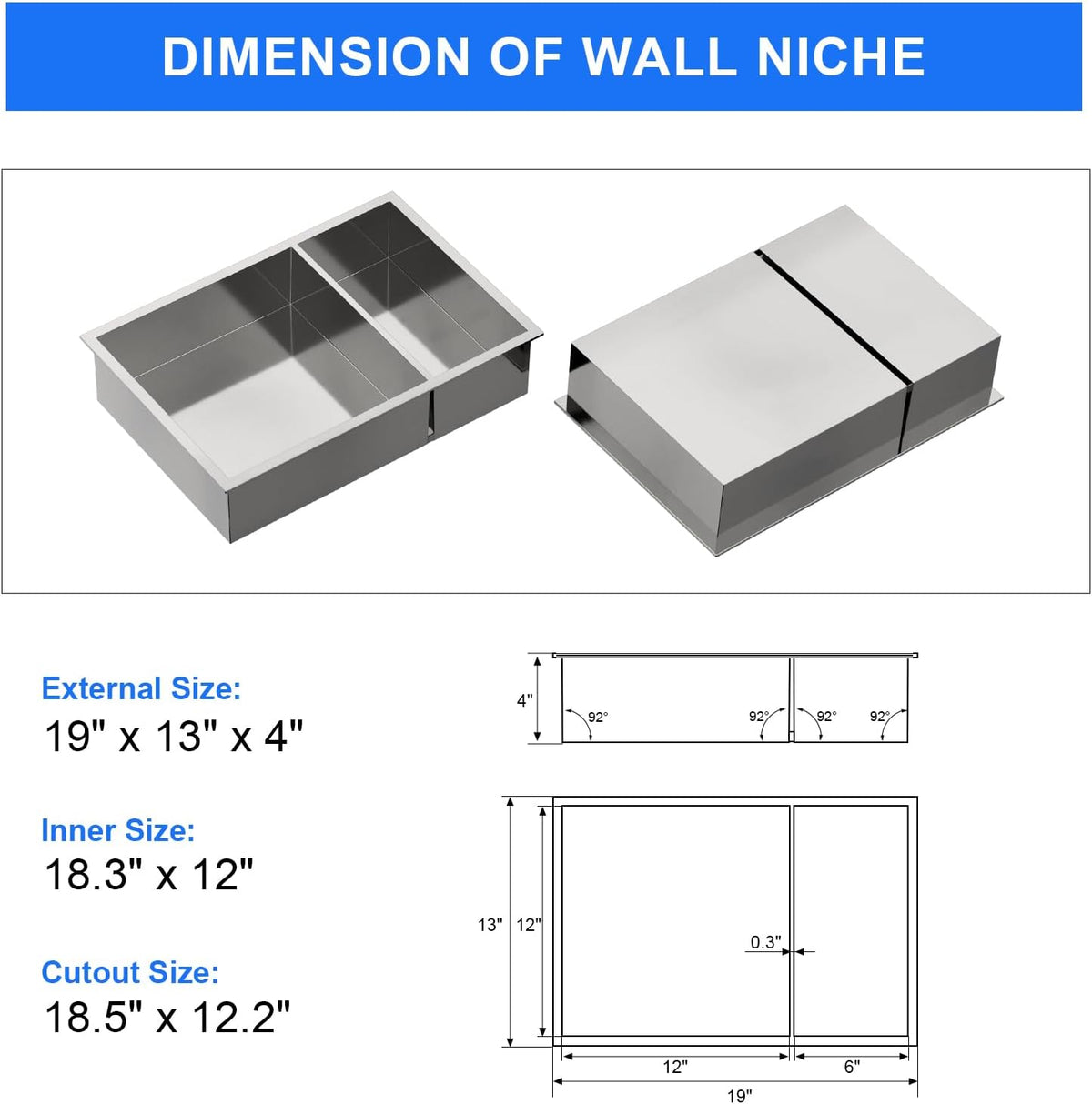 MENATT No Tile Shower Niche, Stainless Steel Wall Niche 13"X19"(Inner Size 12"X18"), Two-Tier Bathroom Shelf, NO Tile Needed Recessed Niche Shower for Bathroom Storage, Black - PuriLite
