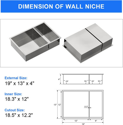 MENATT No Tile Shower Niche, Stainless Steel Wall Niche 13"X19"(Inner Size 12"X18"), Two-Tier Bathroom Shelf, NO Tile Needed Recessed Niche Shower for Bathroom Storage, Black - PuriLite