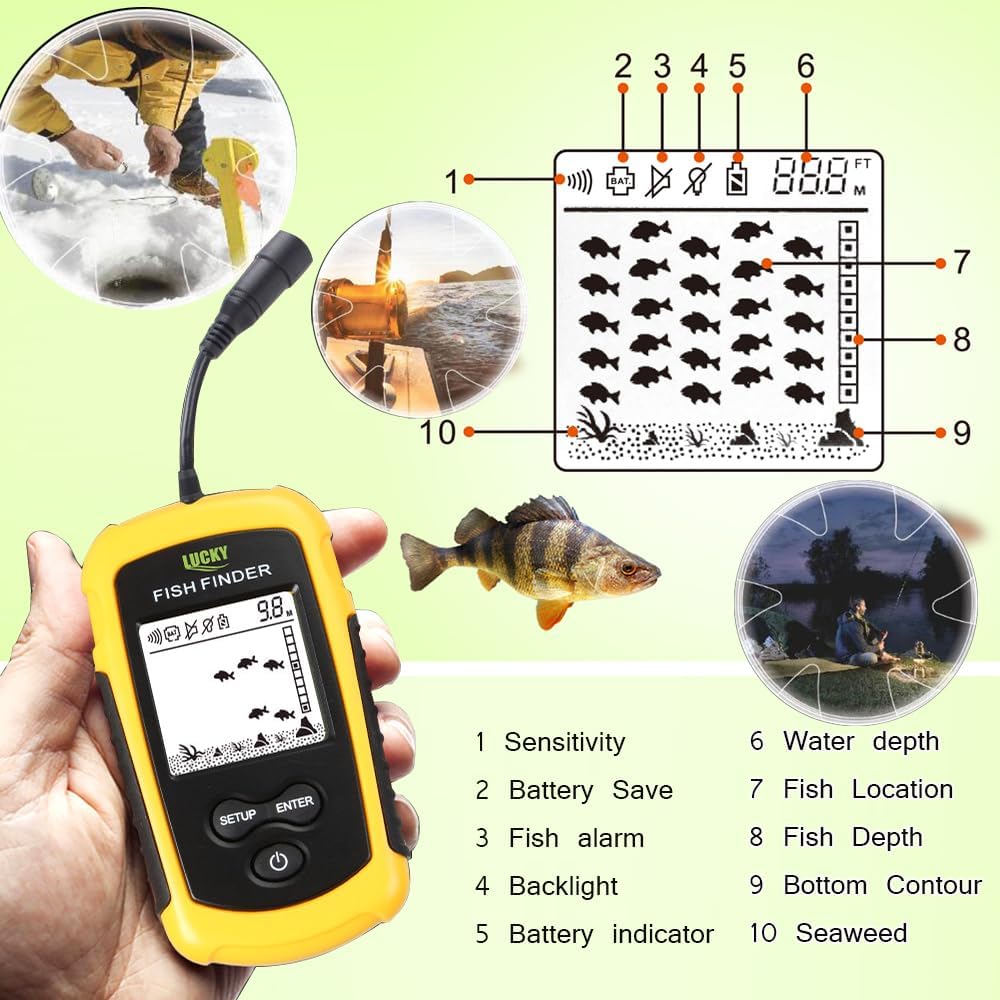 Lucky Kayak Handheld Fish Finder Sonar LCD Wired Fish Finder Transducer Boat Water Depth Finders Display FF1108-1 - PuriLite