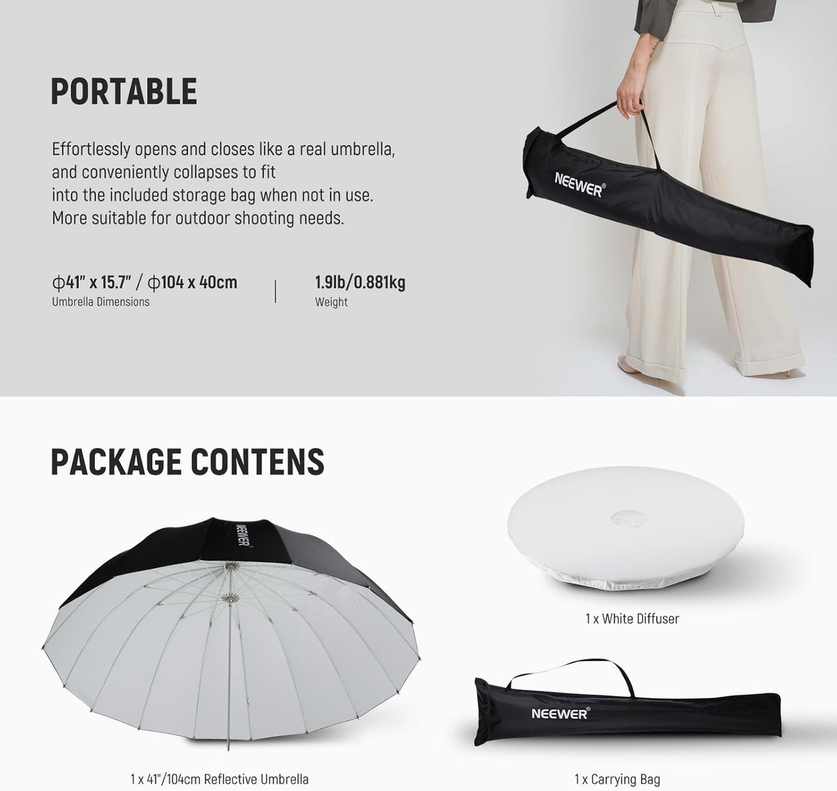 NEEWER 71"/180cm Parabolic Reflective Umbrella Photography with White Inner, Soft Lighting with Diffuser Cover, Bag, Quick Fold for Camera Photo Studio Video Light Shooting Monolight Flash, NS4U - PuriLite