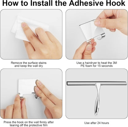 14 Inch Shower Squeegee Stainless Steel with Shower Door Hook and Adhesive Hook Glass Squeegee Bathroom for Doors, Bathroom, Windows, Kitchen, Mirror with Spare Silicone Blade 2 Hooks - PuriLite