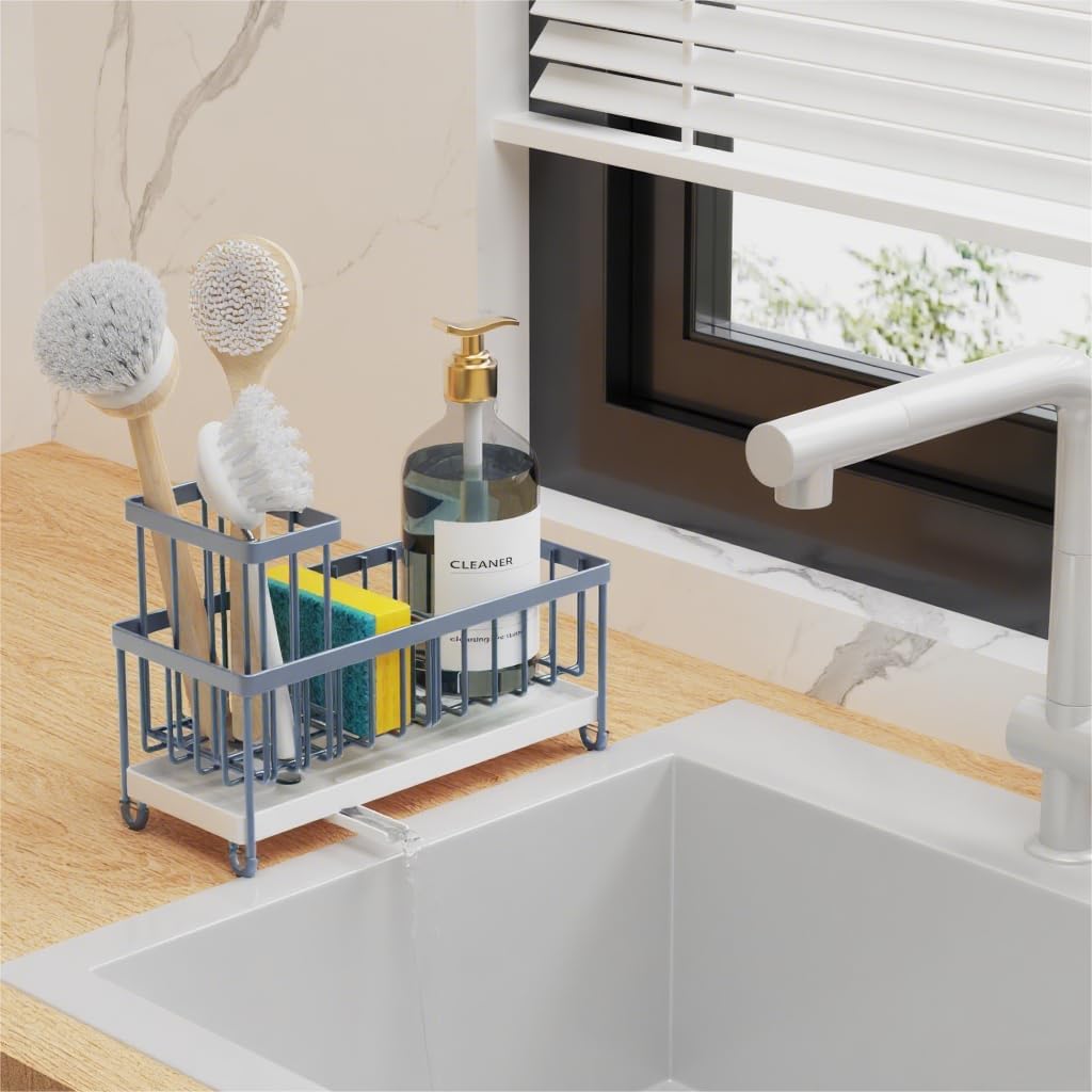 Cisily Sponge Holder for Kitchen Sink, Sink Caddy with High Brush Holder, Organzier Rustproof 304 Stainless Steel Dish Organizer Divider, Soap Dispenser Storage (Black) - PuriLite