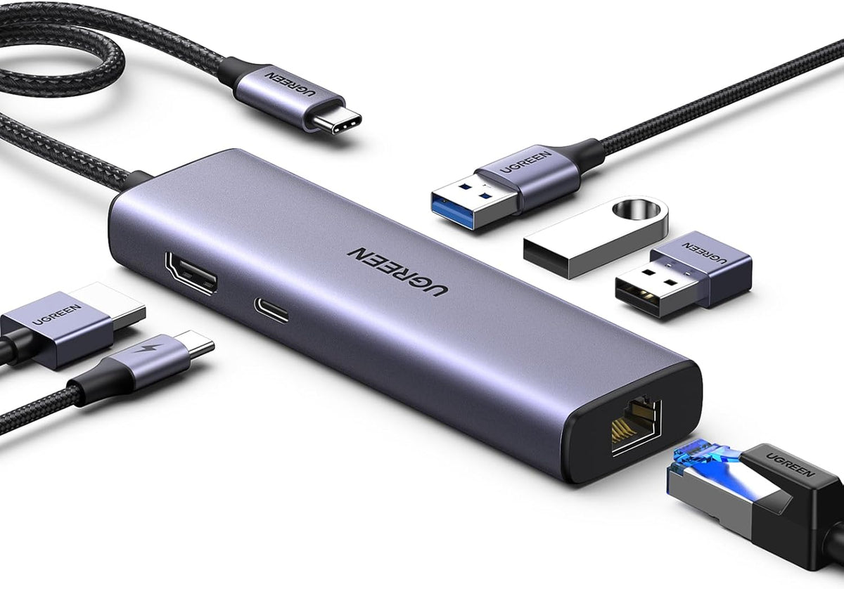 UGREEN Revodok USB C Hub 6-in-1, Type C Adapter with Gigabit to Ethernet Adapter, 4K HDMI, 100W PD, 3 USB 3.0, Compatible with MacBook, iPad, Dell, HP, Surface, Chromebook, Mac mini - PuriLite