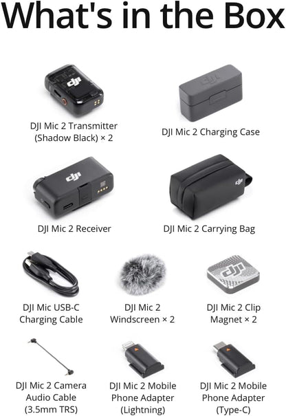 DJI Mic 2 (2 TX + 1 RX + Charging Case), Wireless Lavalier Microphone, Intelligent Noise Cancelling, 32-bit Float Internal Recording, 820 ft.(250m) Range, Microphone for iPhone, Android, Camera - PuriLite