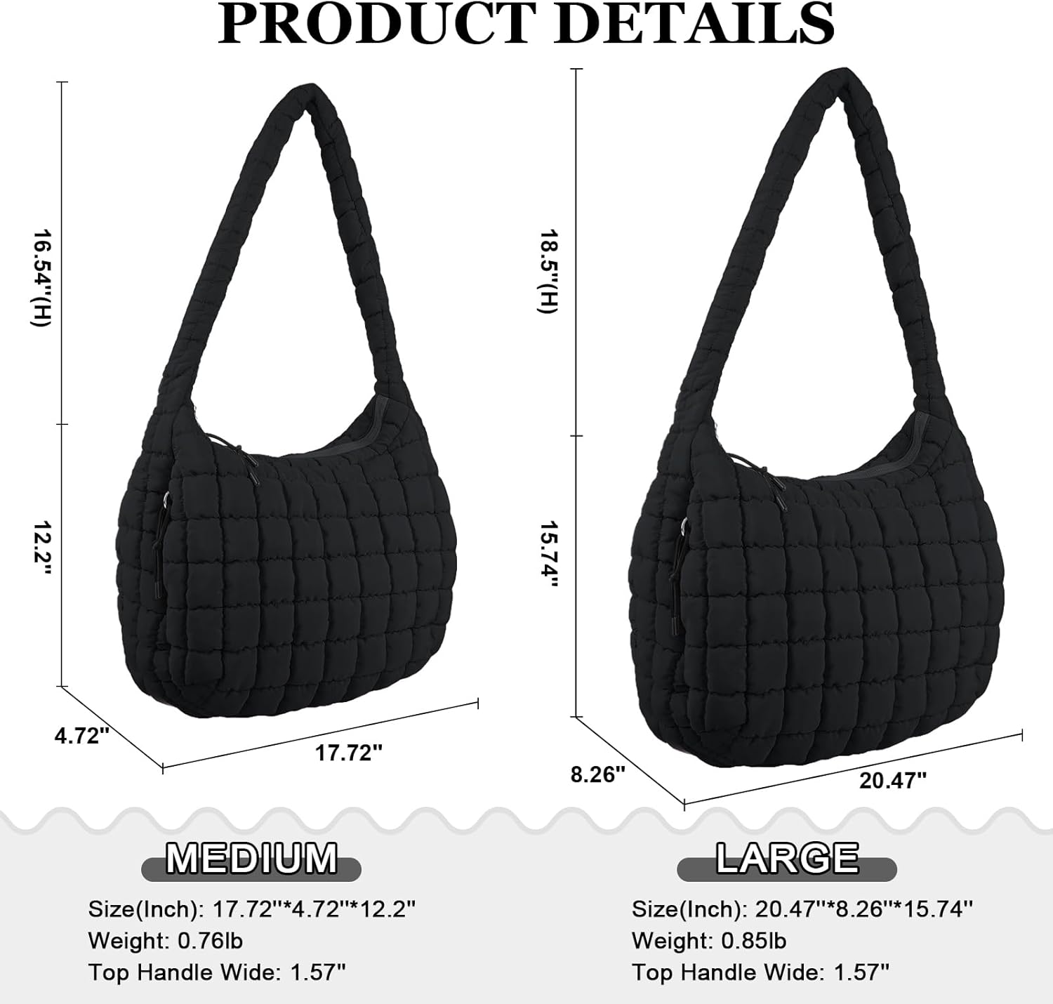 Quilted Puffer Tote Bag Large Crossbody Shoulder Bag with Zipper, Nylon Hobo Oversized Handbag - PuriLite