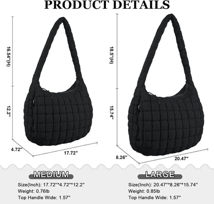 Quilted Puffer Tote Bag Large Crossbody Shoulder Bag with Zipper, Nylon Hobo Oversized Handbag - PuriLite