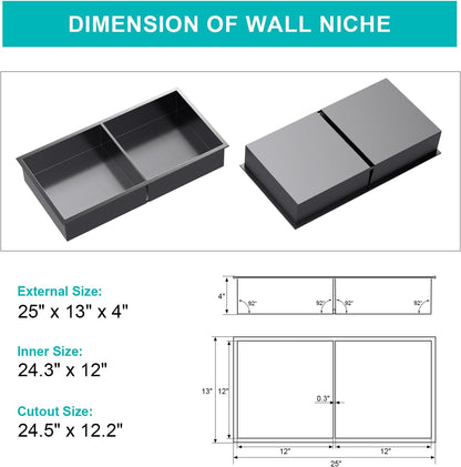 MENATT No Tile Shower Niche, Stainless Steel Wall Niche 13"X19"(Inner Size 12"X18"), Two-Tier Bathroom Shelf, NO Tile Needed Recessed Niche Shower for Bathroom Storage, Black - PuriLite