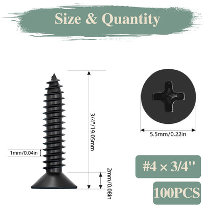 GOHODOMINO #4 x 1/2" Wood Screw 100Pcs, Stainless Steel 304 (18-8) Screws Flat Head Phillips Fast Self Tapping Drywall Screws Black Oxide - PuriLite
