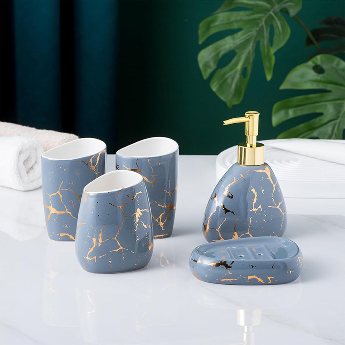 White Bathroom Accessories Set,Modern Countertop Bathroom Decor,Luxury 6 Piece Bathroom Accessory Set,Complete with Soap Dispenser,Toothbrush Holder,Tumbler,Tray - PuriLite