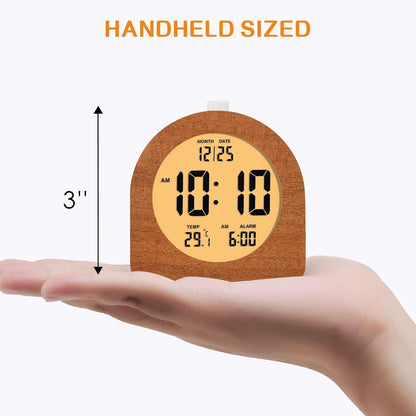 Plumeet Wooden Digital Alarm Clock for Bedrooms, Wood 4'' Battery Powered Alarm Clock with Snooze and Nightlight, Electronic LCD Desk Clock Display Time, Date, Temp, 12/24H, Wood Décor (Sapele, 3.2'') - PuriLite