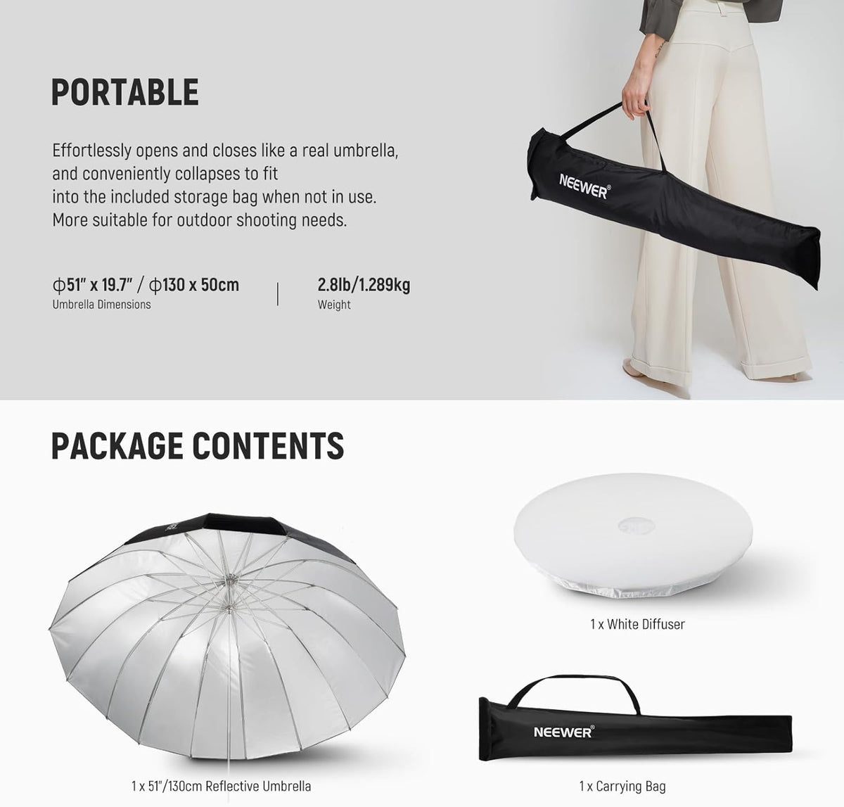 NEEWER 71"/180cm Parabolic Reflective Umbrella Photography with White Inner, Soft Lighting with Diffuser Cover, Bag, Quick Fold for Camera Photo Studio Video Light Shooting Monolight Flash, NS4U - PuriLite