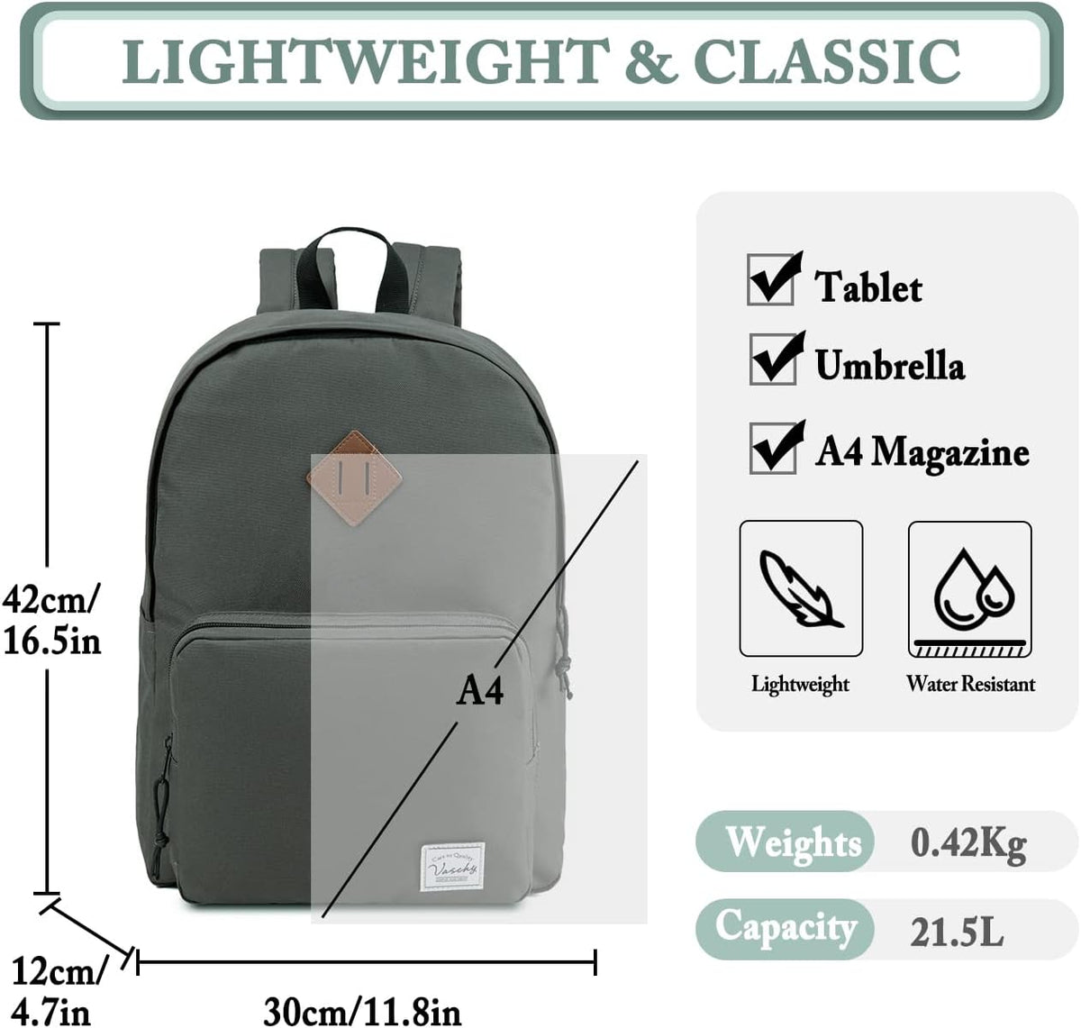 VASCHY Lightweight School Backpack for Women with Sleeve for 14" Laptop - PuriLite