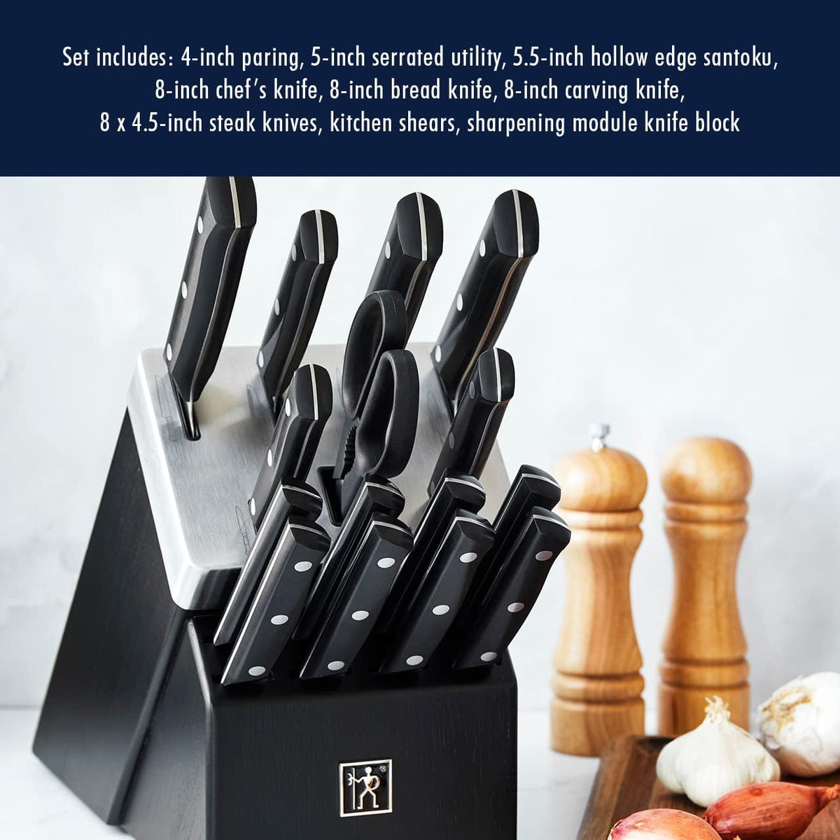 HENCKELS Solution Razor-Sharp 16-pc Self Sharpening Knife Block Set, Chef Knife, Bread Knife, Steak Knife, German Engineered Informed by 100+ Years of Mastery - PuriLite