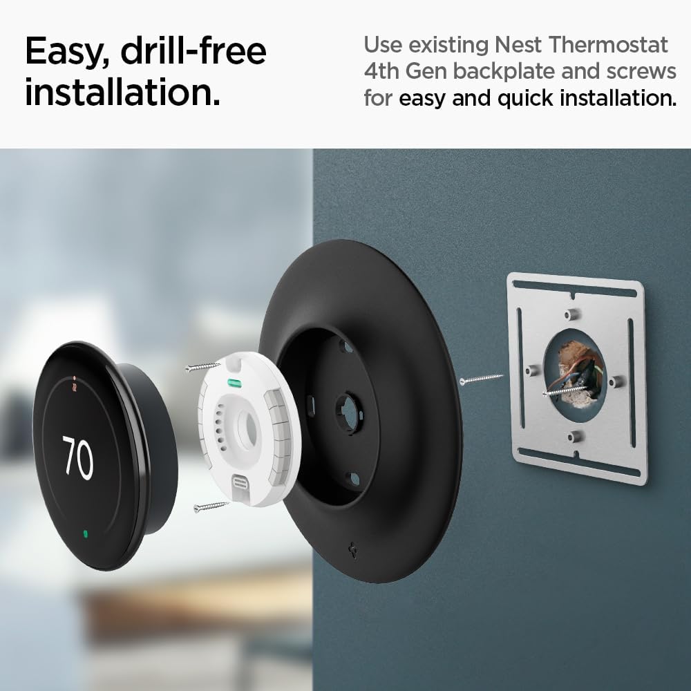 Spigen Wall Plate Designed for New Google Nest Learning Thermostat 4th Generation (2024) Wall Plate - Matte Black - PuriLite