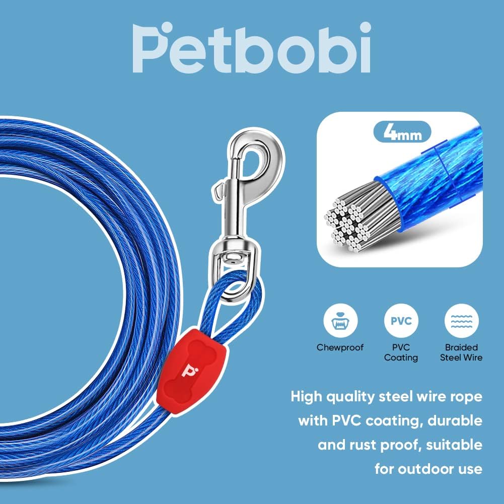 Petbobi Dog Tie-Out Cable 30ft - Outdoor Leash 4mm Metal Cable with Shock Absorbing Spring 360° Swivel Clips, Dog Chain for Yard Camping, Fit Small Medium Large Pets Up to 120lbs, Blue - PuriLite