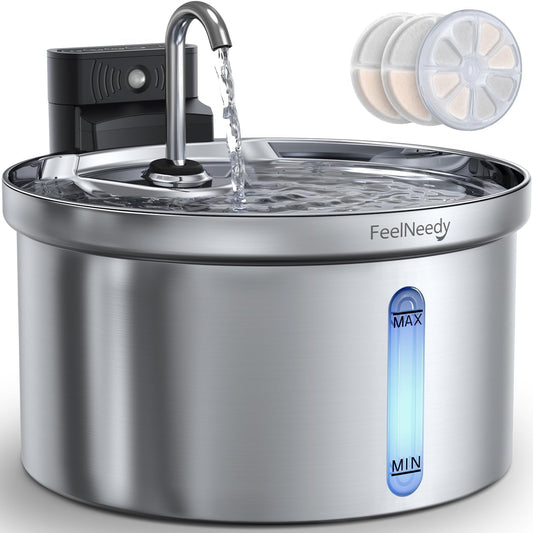 Wireless Cat Water Fountain Battery Operated, FEELNEEDY Rechargeable Pet Water Fountain Indoor with Motion Sensor, Cordless Stainless Steel 118oz/3.5L with 3 Filters Replacement (FN-W08L)
