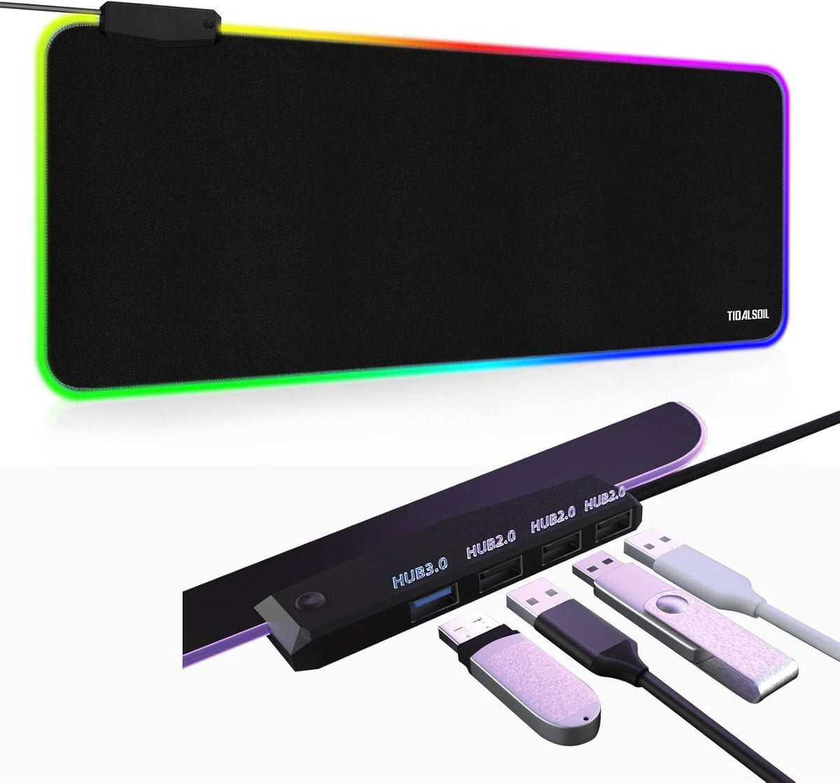 RGB Gaming Mouse Pad with 4-Port USB Hub | Oversized Anti-Slip Waterproof Mouse Mat with 13 Lighting Modes, 80x30 cm for PC & Laptop Gaming - PuriLite