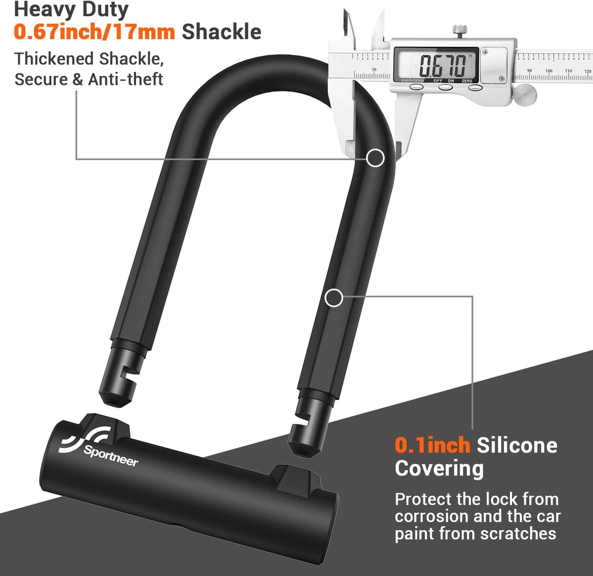 Sportneer Bike Lock: 17mm Heavy Duty Bike U Lock - High-Security Anti-Theft with 12mm x1.5m Steel Cable, 8''x5'' Compact Design, Includes Mounting Bracket for Mountain/Road/Folding/Electric Bikes - PuriLite