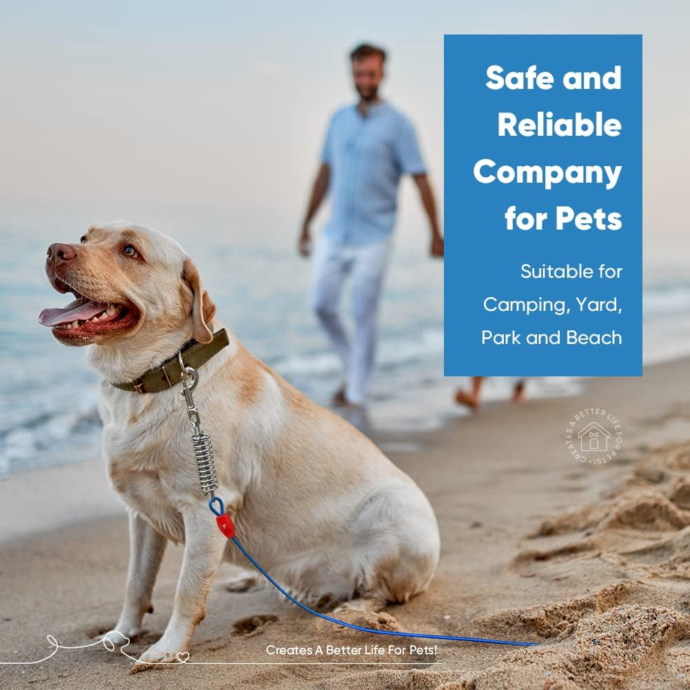 Petbobi Dog Tie-Out Cable 30ft - Outdoor Leash 4mm Metal Cable with Shock Absorbing Spring 360° Swivel Clips, Dog Chain for Yard Camping, Fit Small Medium Large Pets Up to 120lbs, Blue - PuriLite