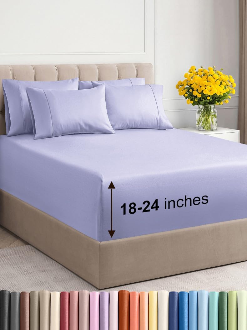 Extra Deep Queen Sheet Set - 6 Piece Breathable & Cooling Sheets - Hotel Luxury Bed Sheets Set - Easy & Secure Fit - Soft, Wrinkle Free & Comfy Sheets Set - White Sheet Set w/Extra Deep Pockets - PuriLite