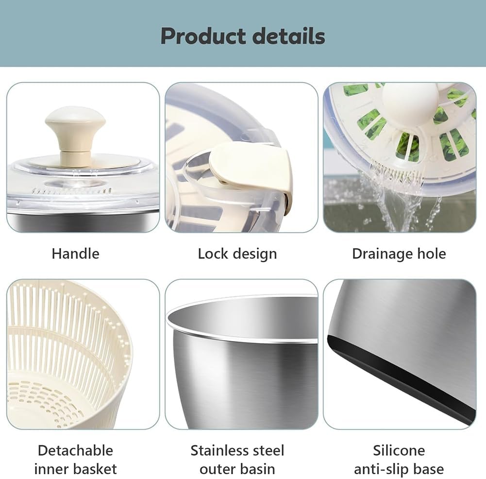 Cenroelon Stainless Steel Salad Lettuce Spinner Quick Manual Compact with Lid,Basin Drain Frame Non-Slip Base - PuriLite