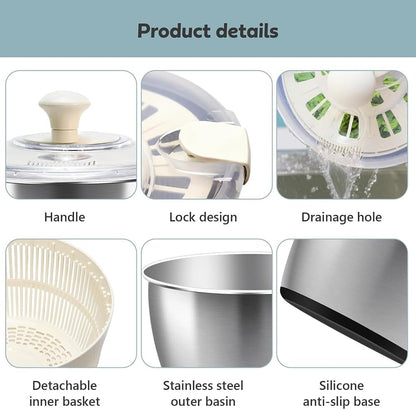 Cenroelon Stainless Steel Salad Lettuce Spinner Quick Manual Compact with Lid,Basin Drain Frame Non-Slip Base - PuriLite