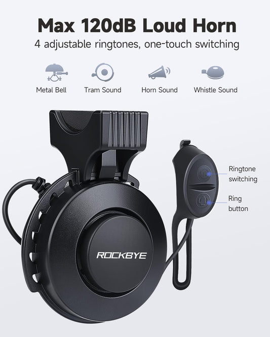 EQIIO Electric Bike Horn 120dB - 4 Sound Modes & Volume Adjustable, USB-C Rechargeable Bicycle Horn IP65 Waterproof, Dual Mount Bike Bell for Road Bike/Mountain Bike/Scooter (Compact & Anti-Slip) - PuriLite