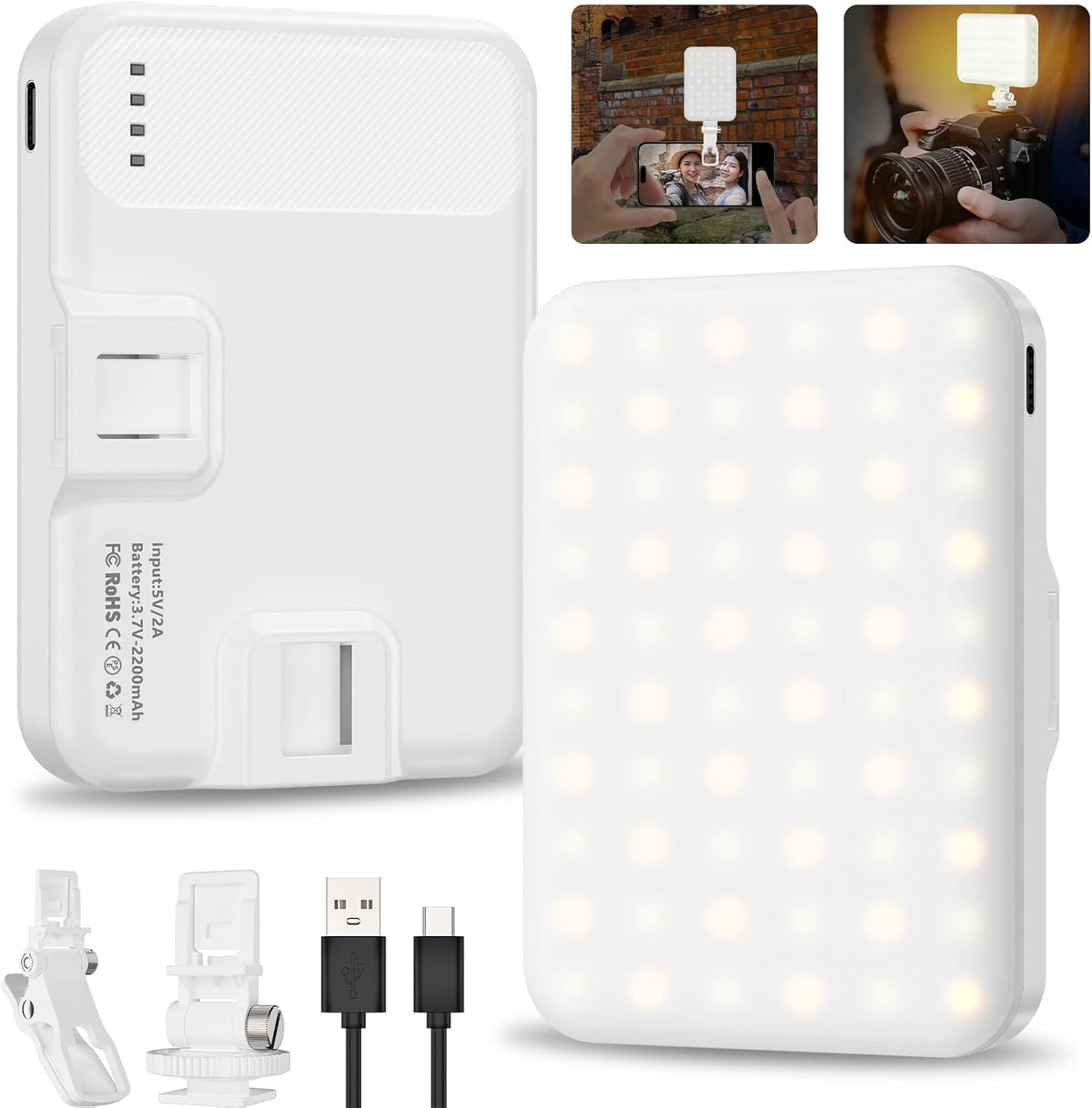 Anautin Selfie Light, 60 LED 2200mAh Rechargeable Clip Fill Video Light (Black) - PuriLite