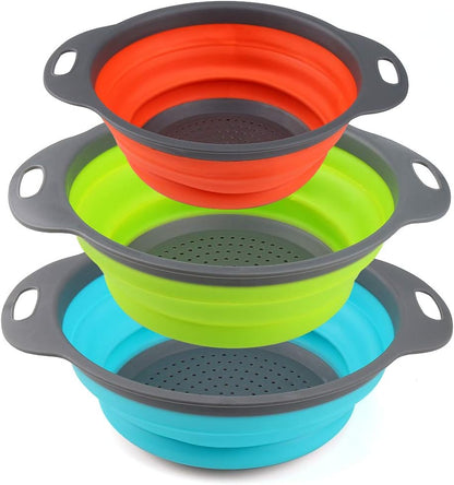 Collapsible Colander, BESUNTEK Strainer Set Round Food Silicone Kitchen for Draining Pasta, Vegetable and Fruit 2 pcs 4 Quart and 1 pcs 2 Quart (Orange + Green + Blue) - PuriLite