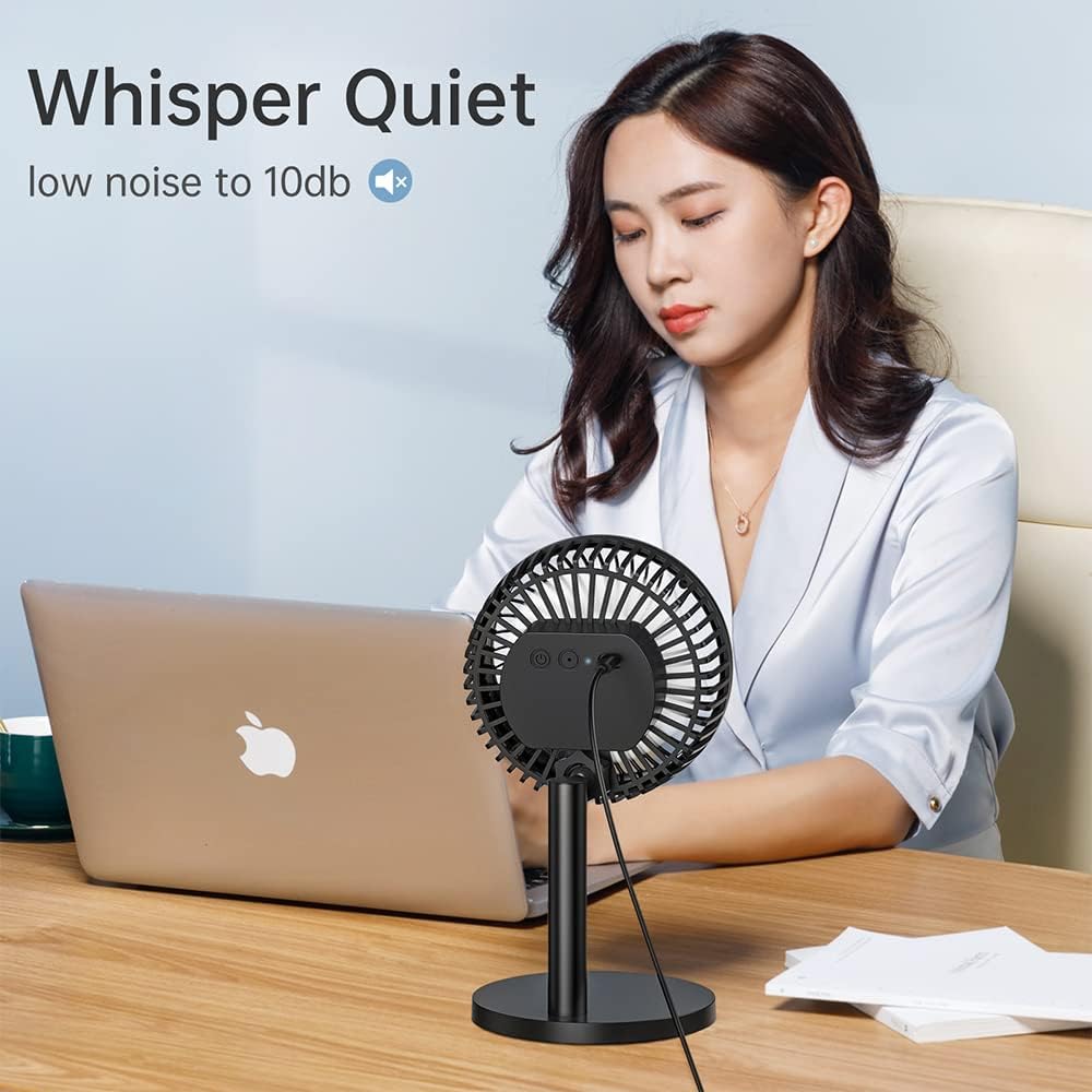 6 Inch Desk USB Fan with 4 Speeds - Adjustable Height, 72° Rotation, Quiet Table Fan for Home Office Cooling - PuriLite