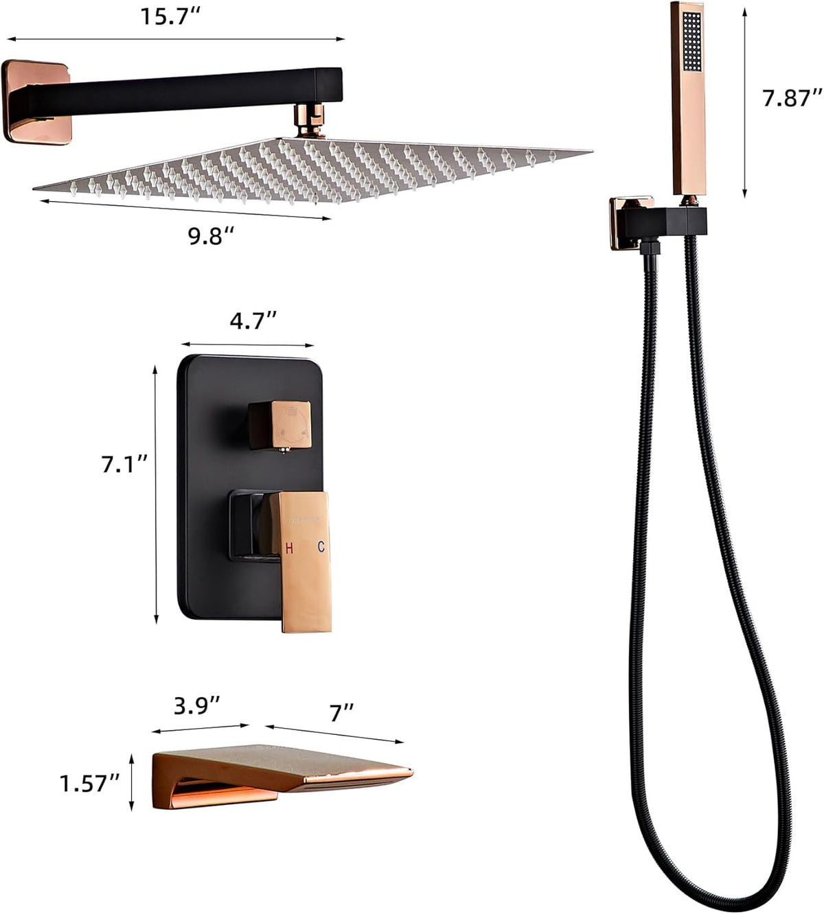LCEVCGK Shower Faucet Set Complete Matte Black Shower System with 8 inch Square Rainfall Shower Head 3-Function Handheld Shower Waterfall Bathtub Spout Rain Shower Combo Set Bathroom Wall Mounted - PuriLite