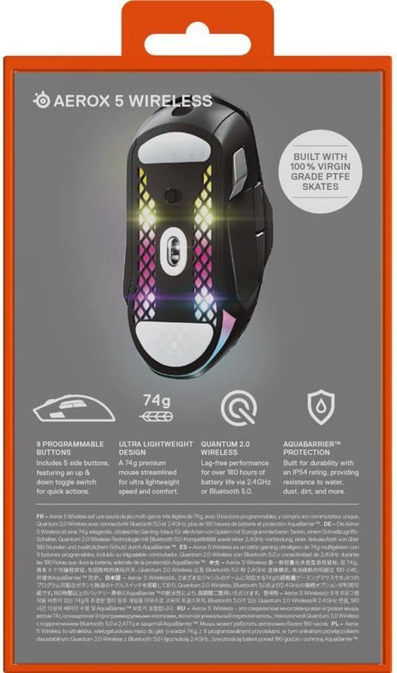 SteelSeries Aerox 5 Wireless RGB Gaming Mouse – Ultra-Lightweight Holey Design, 9 Programmable Buttons, Bluetooth & 2.4GHz, 18K DPI Optical Sensor, Water Resistant - PuriLite