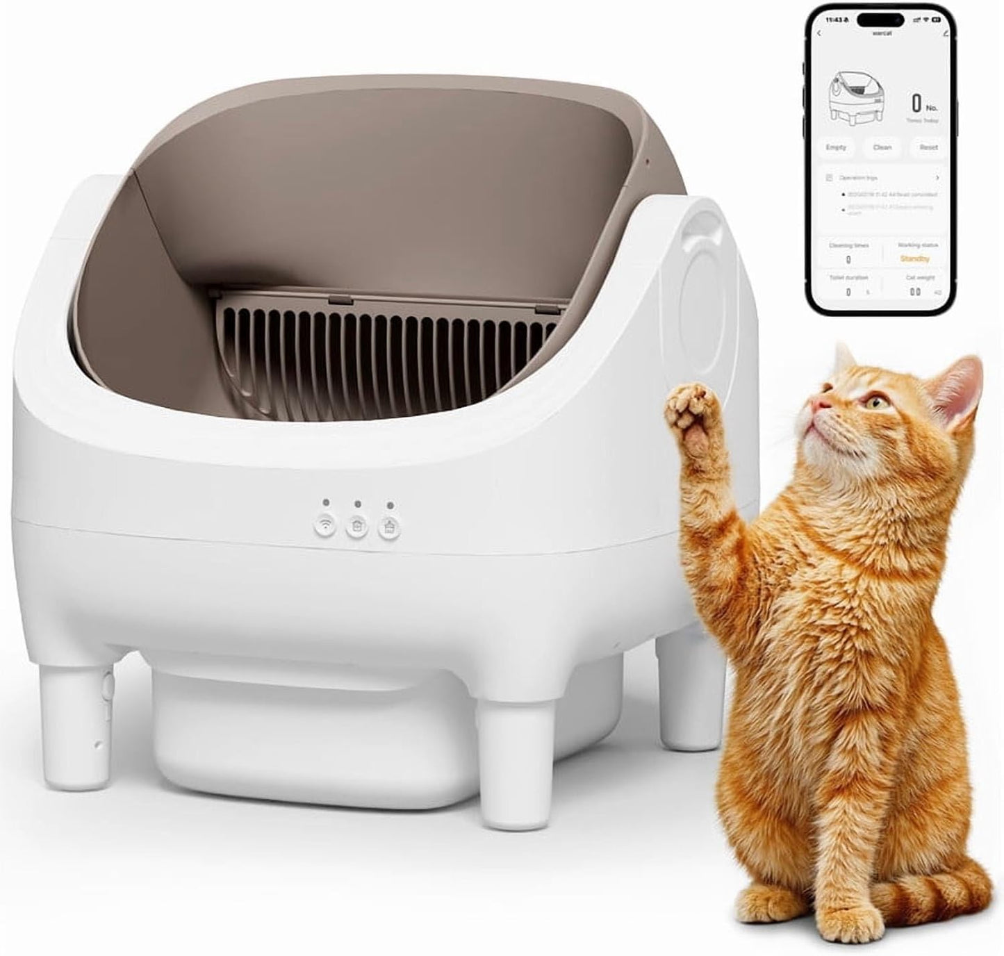 GUNJI Self Cleaning Cat Litter Box, Open-Top Automatic Self-Cleaning Litter Box, Design for Multi-Cat Families, Integrated Safety Protection, Includes Trash Bags (Brown) - PuriLite